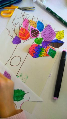 zajęcia plastyczne, kolorowe, jesienne drzewka